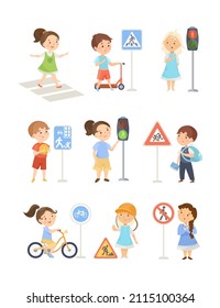 School kids learning traffic rules cartoon illustration set. Cute children crossing road on green light, walking on street crosswalk, zebra with bicycle, paying attention to stop signs. Safety concept