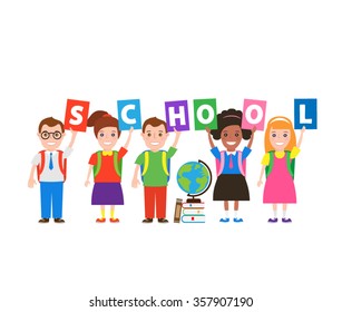 school kids with letters. group of school children with backpacks ,globe ,books isolated on white background