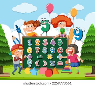 School kids with math theme outdoor background illustration