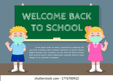 School Kids In Medical Masks Keep Social Distance, Standing In Front Of The Chalkboard With Lettering Welcome Back To School, New Safety Rules In Educational Institutions During The COVID-19 Pandemic