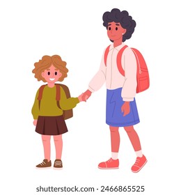 School kids. Middle and primary school students, sisters going to school flat vector illustration. School students on white