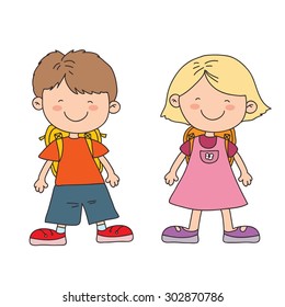 School kids on white background. Vector color illustration.