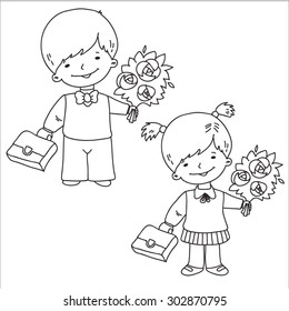 School kids on white background. Vector linear illustration.