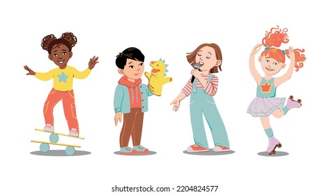 School Kids Performs In Talent Show. Girl Singing, Boy Acting With Puppet, Young Dancer On Roller Skates And Girl With Balancing Skills. Vector Cartoon Illustration Isolated On White Background 