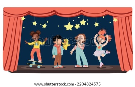School kids performs in talent show on scene. Girl singing, boy acting with puppet, young dancer on roller skates and girl with balancing skills. Vector cartoon illustration 
