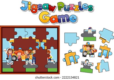 School kids photo jigsaw puzzle game template illustration