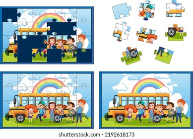 School kids photo puzzle game illustration