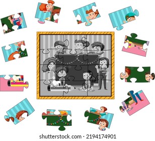 School kids photo puzzle game illustration