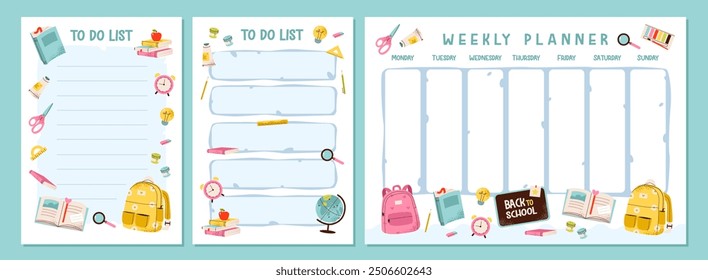 School kids planner. Weekly planner for children with school supplies elements. To do list with a backpack, book and education tools.