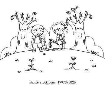 School Kids planted and watering young trees save the planet. Coloring pages for kids