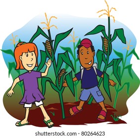 School kids playing in a corn field maze