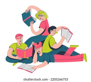 School Kids Reading Books, Education Concept. Group Of Friends Studying Together. Reading Books Club. Vector Illustration