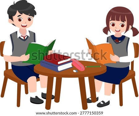 School Kids Reading Books Together at Desk Illustration