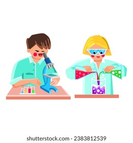 school kids science experiment vector. young learning, lab chemistry, laboratory knowledge school kids science experiment character. people flat cartoon illustration
