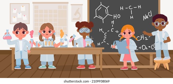 School kids in science laboratory classroom do chemical test. Students study chemistry with beakers, microscope and blackboard vector scene. Boys and girls holding flasks and tubes