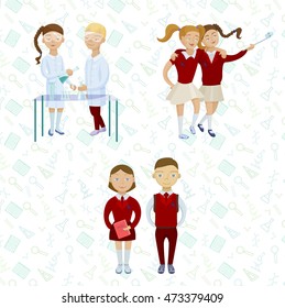 School kids set. Cartoon characters set. Puplils in uniform taki