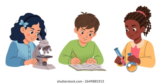 School Kids Set in Flat Design. Children with Microscope, Test Tubes, Homework. Girls and Boy in Classroom Activities for Science, Education. Back to School, Learning Materials, Teacher Resources.