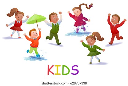 School kids set with smiling and jumping cartoon boys and girls vector illustration