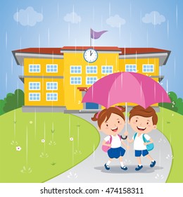 School Kids Sharing An Umbrella In The Rain. School Building.