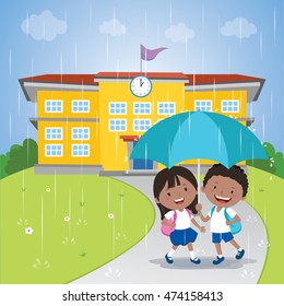 School Kids Sharing An Umbrella In The Rain. School Building.