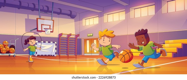 School kids in sportswear exercising in gym. Boys playing basketball together and running after the ball, girl jumping with rope in large light sports court interior, Cartoon vector illustration