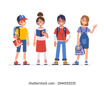 School kids standing together.  Flat  cartoon style vector illustration isolated on white background.  