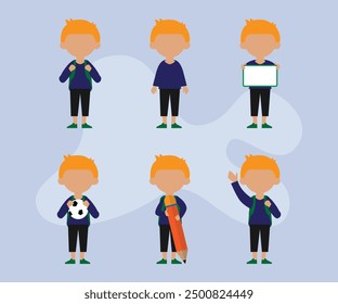 School kids student vector characters set. Back to school boy cartoon characterswith school uniform talking and doing educational activities 2d flat vector illustration