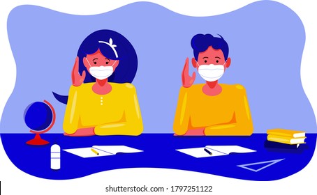 School kids, students wearing a face mask sitting on chair in the classroom, using sanitizer, covid 19 education vector illustration design