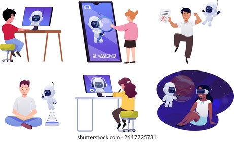 School kids studying with chat bot. Artificial intelligence learn support. Digital education. Online computer ai robotic assistance. Virtual reality, science teaching. Cartoon vector illustrations set