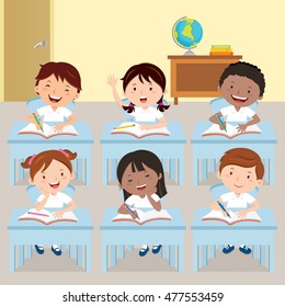 Schulkinder, die im Klassenzimmer lernen. Vektorgrafik von Schulkindern, die im Klassenzimmer lernen.