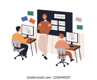 School kids studying at computer science lesson. Teacher of information technology teaching for children students in class. Pupils in classroom. Flat vector illustration isolated on white background