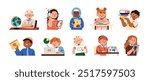 School kids studying different subjects set. Children students learning math, physics, art education, reading book. Boys and girls at lessons. Flat vector illustration set isolated on white background