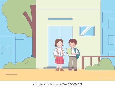 School kids studying different subjects set. Children students learning math, physics, art education, reading book. Character illustration.