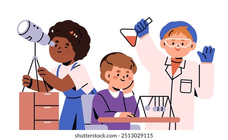 Niños de la escuela estudiando materias de ciencias naturales. Niños felices aprendiendo astronomía, química y física. Felices alumnos de primaria, escolares. Ilustración vectorial plana aislada sobre fondo blanco