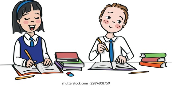 School kids studying reading and writing