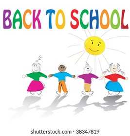 School kids and sun illustration, vector isolated objects on white