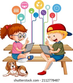 School kids using tablet with a cute dog illustration