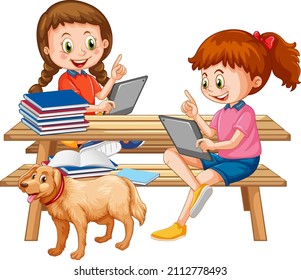 Niños escolares que usan tableta para ilustraciones educativas