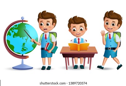 School kids vector character set. Student boy wearing school uniform and backpack reading books in desk for back to school and education related design. 3D realistic vector illustration.
