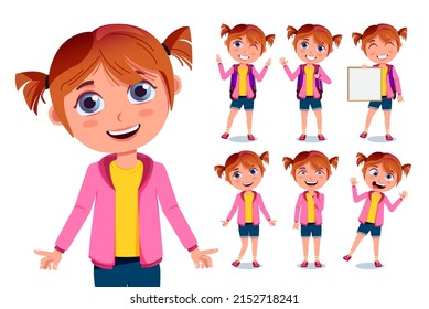 School kids vector character set design. Student girls characters in cute and friendly faces with standing pose and gesture for back to school girl collection. Vector illustration.
