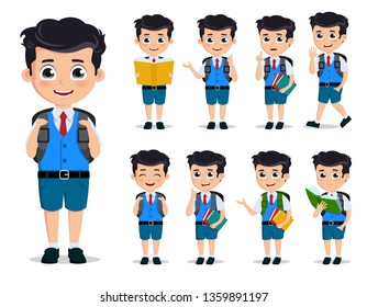 School kids vector characters set. Young student boy wearing school uniform and backpack in various standing posses, reading books and doing education activities. Vector illustration.
