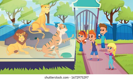 School Kids Visiting Animal Park, Children Stand at Cage with Predators, Lions and Tiger in Zoo, School Kids Excursion, Summer Vacation, Leisure, Outdoor Activity. Cartoon Flat Vector Illustration