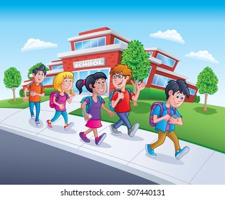 School Kids Walking From School with Backpacks