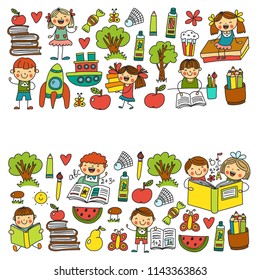 School, kindergarten boys and girls reading books. Imagination. Library. Space, travel, adventure.