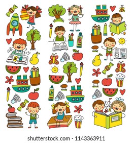 School, kindergarten boys and girls reading books. Imagination. Library. Space, travel, adventure.