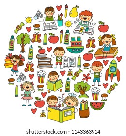 School, kindergarten boys and girls reading books. Imagination. Library. Space, travel, adventure.