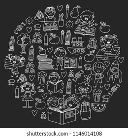 School, kindergarten boys and girls reading books. Library. Space, travel, adventure. Drawing, painting. Education, exploration, imagination.