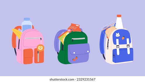 School or kindergarten children backpacks with food. Kids bags and lunch or dinner, water, sandwich and fruits. Healthy snack vector set