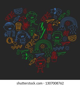 School kindergarten children. Play, learn and grow. Education and games. Cool boys and girls vector illustration.