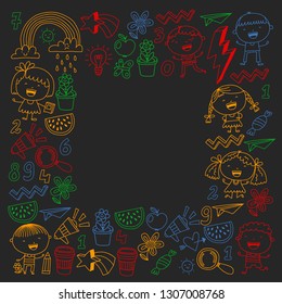 School kindergarten children. Play, learn and grow. Education and games. Cool boys and girls vector illustration.